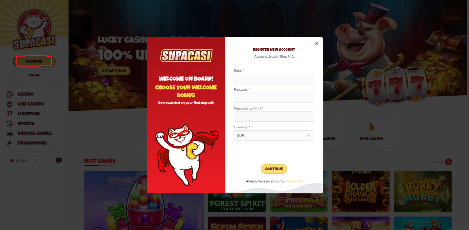 photo which depicts sign up on SupaCasi casino, with multiple fields, such as : password, password confirm, e-mail, currency