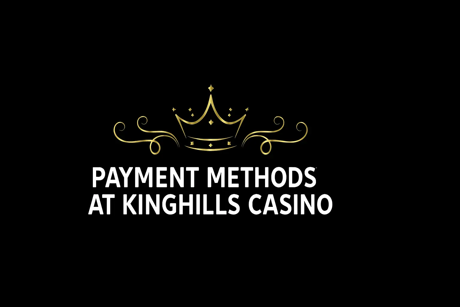 Elegant gold crown logo with decorative swirls above bold white text reading 'Payment Methods at Kinghills Casino' on a black background