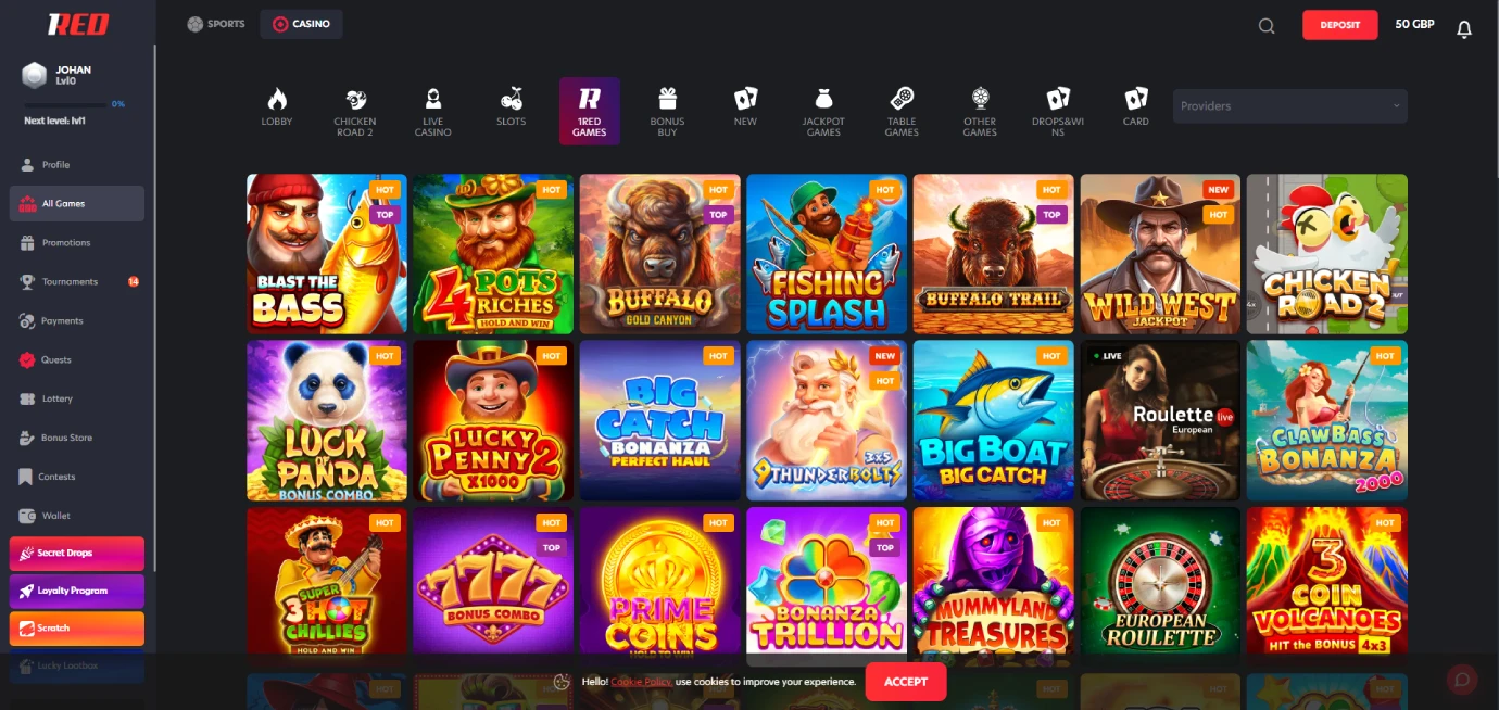 slot selection of 1red