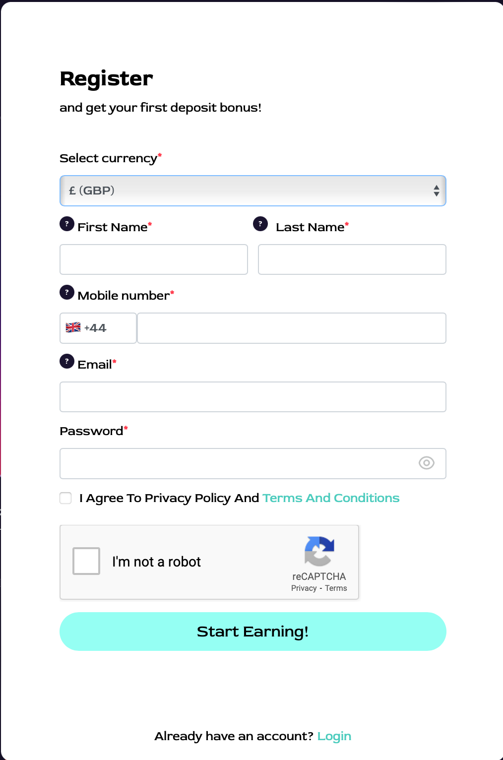 Registration form at OceanBreeze