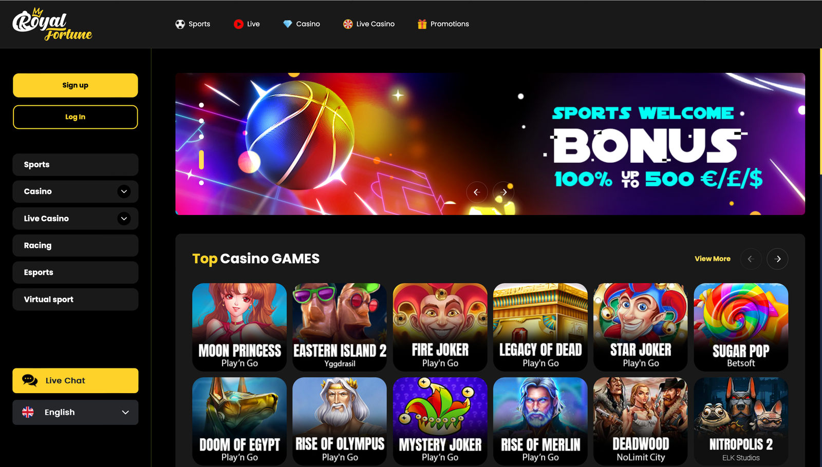 Homepage of Royal Fortune casino, online casino not on gamstop