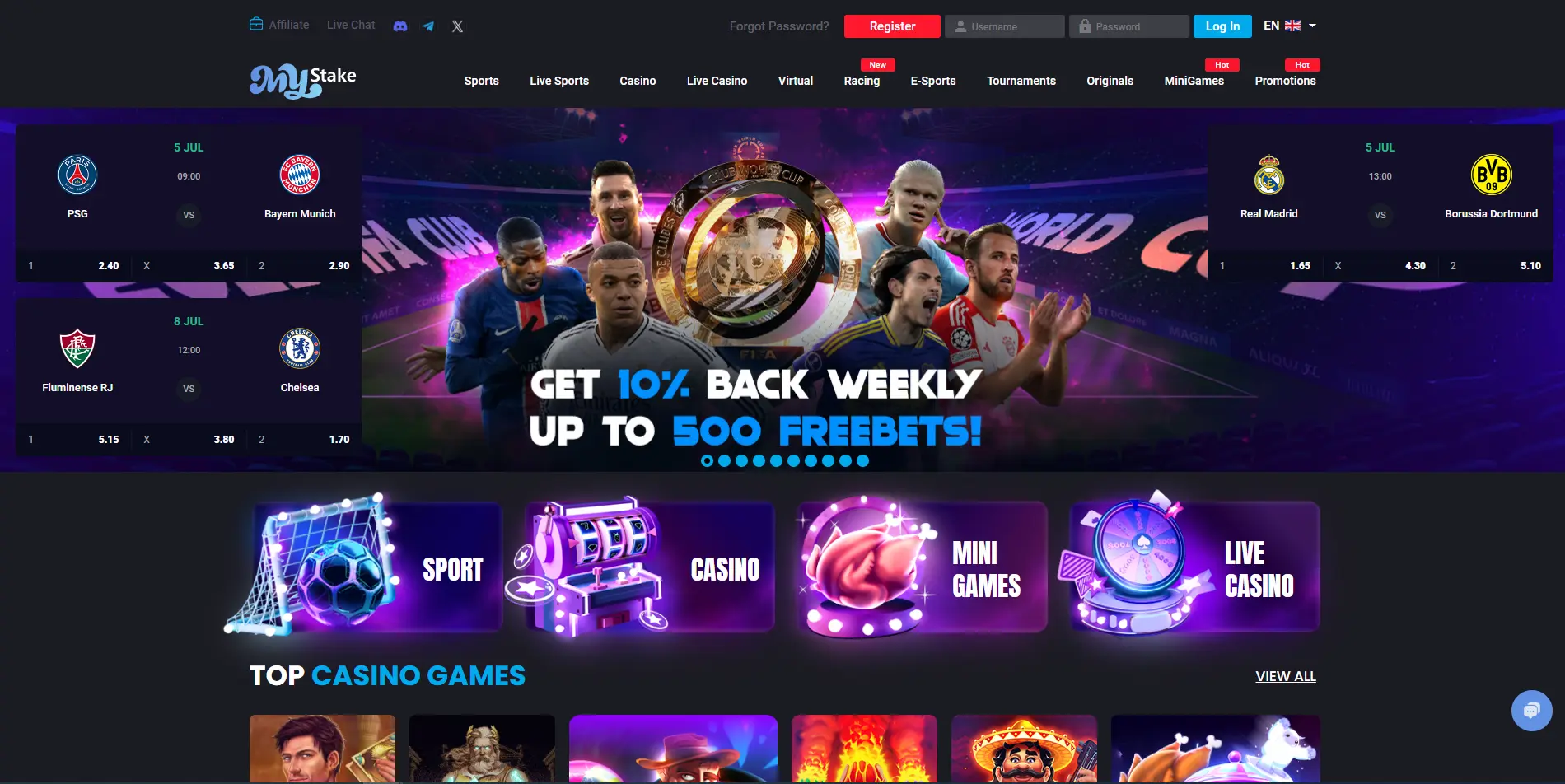 homepage of mystake casino