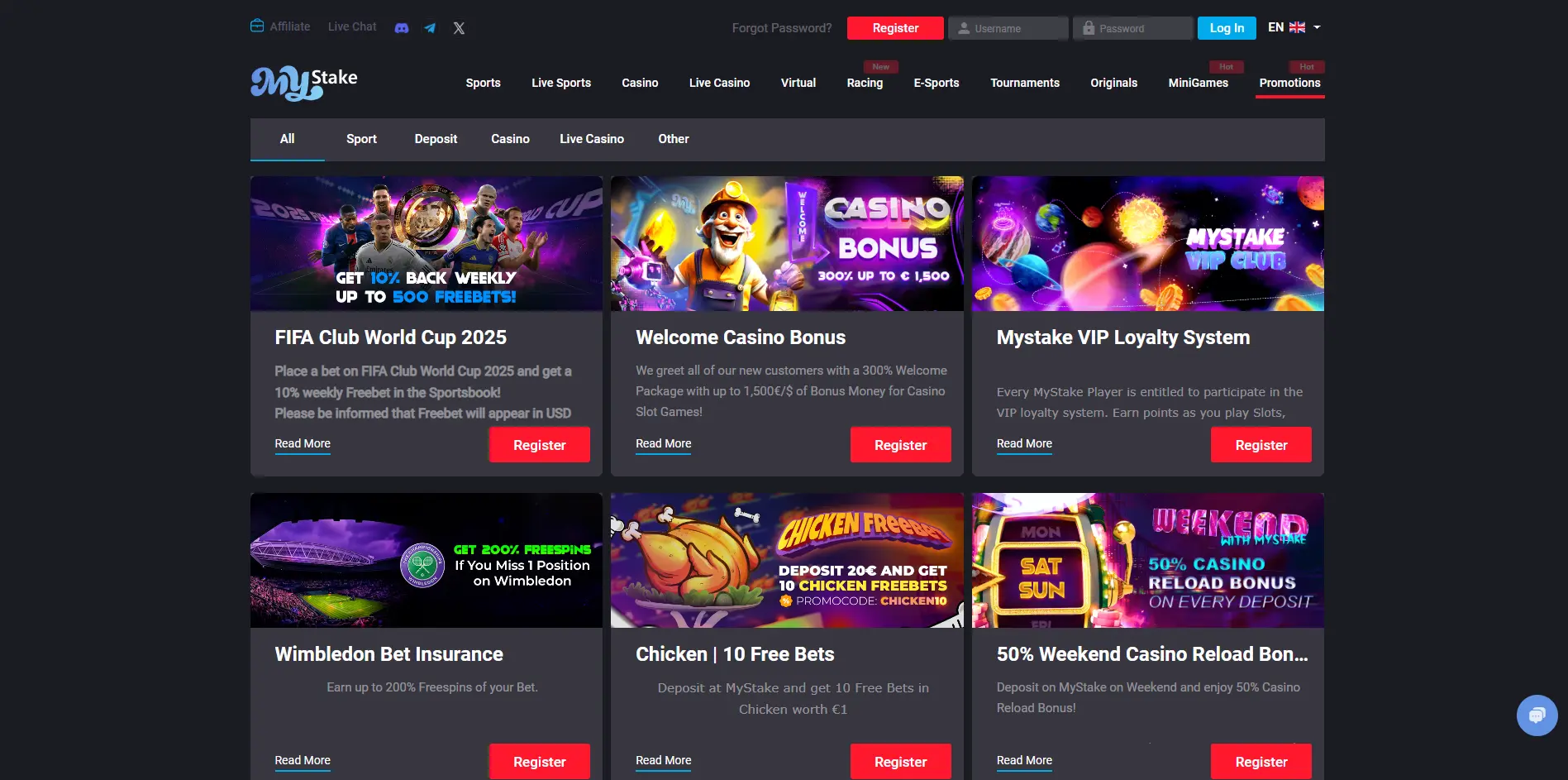 promotions page of Mystake Casino