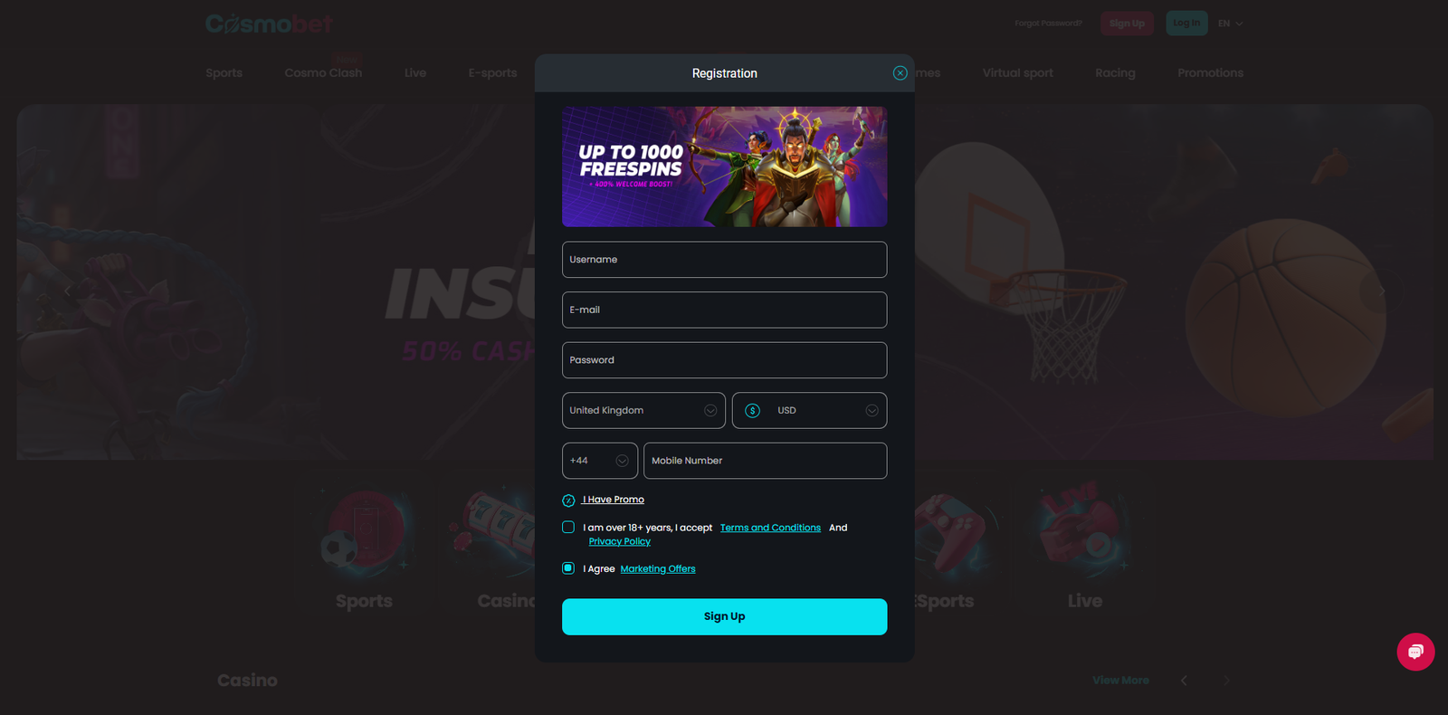 cosmobet Registration Fields