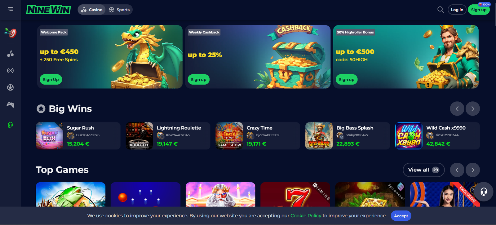 Ninewin Casino Home page screen photo