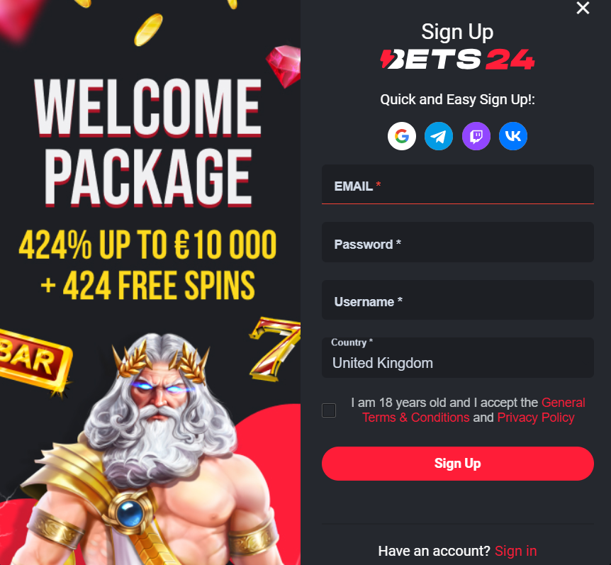 Sign up and welcome package photo at Bets24 Casino