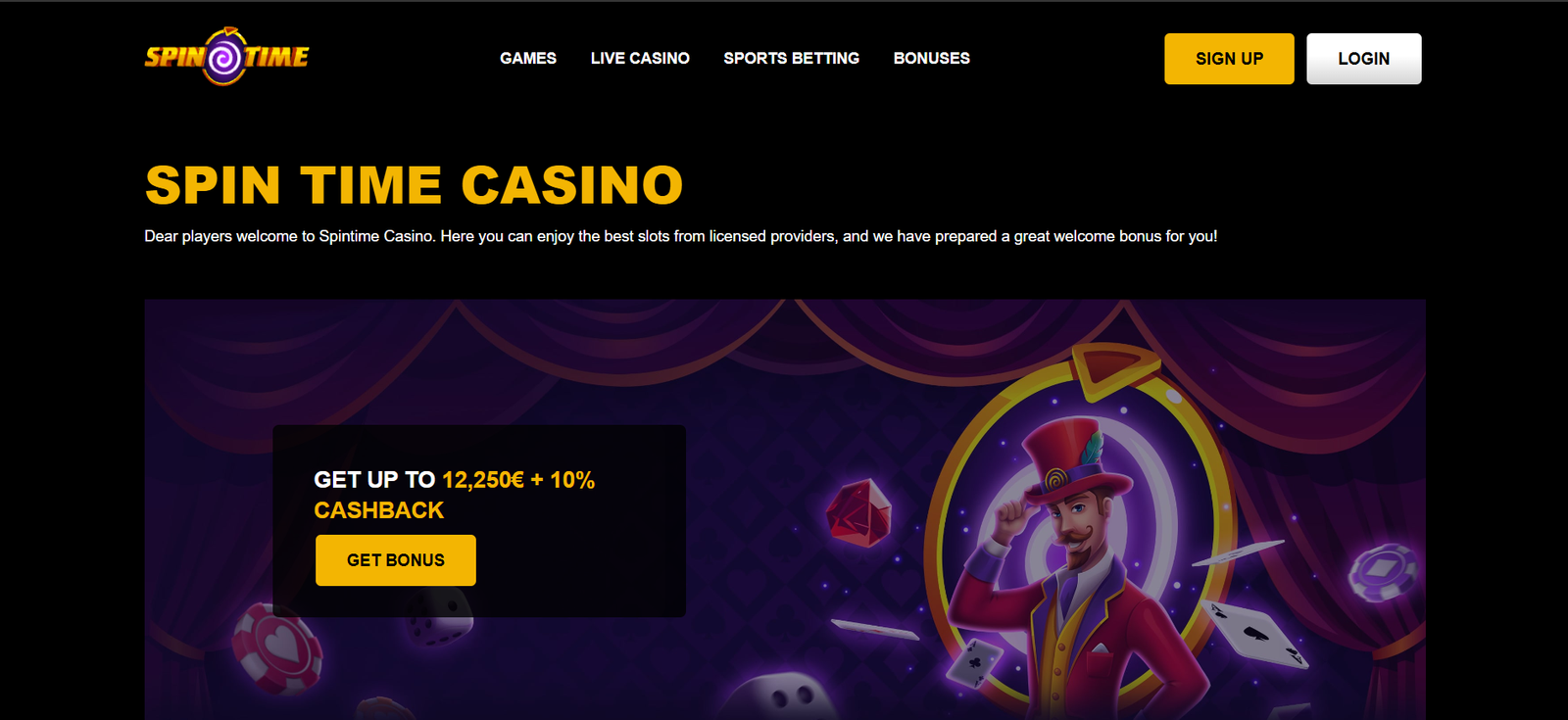 Spin Time Casino Home Page Screen Photo