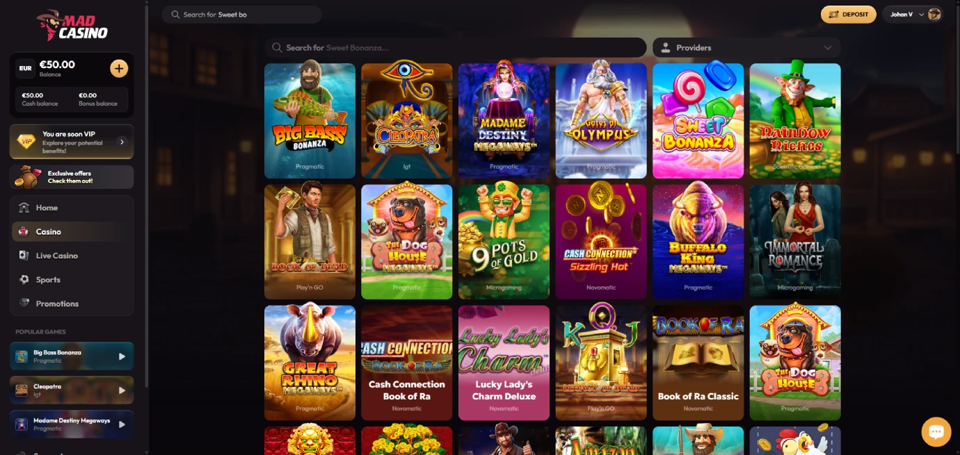Game selection of Mad Casino
