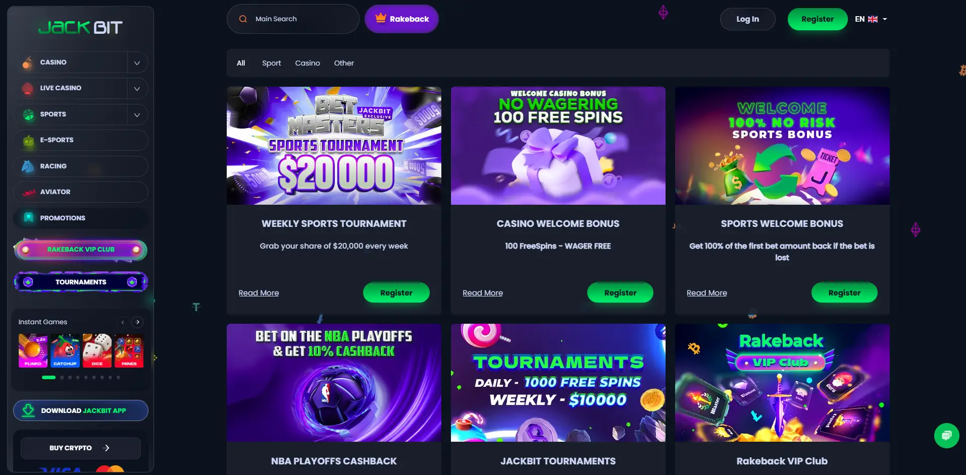 Promotions page of Jackbit