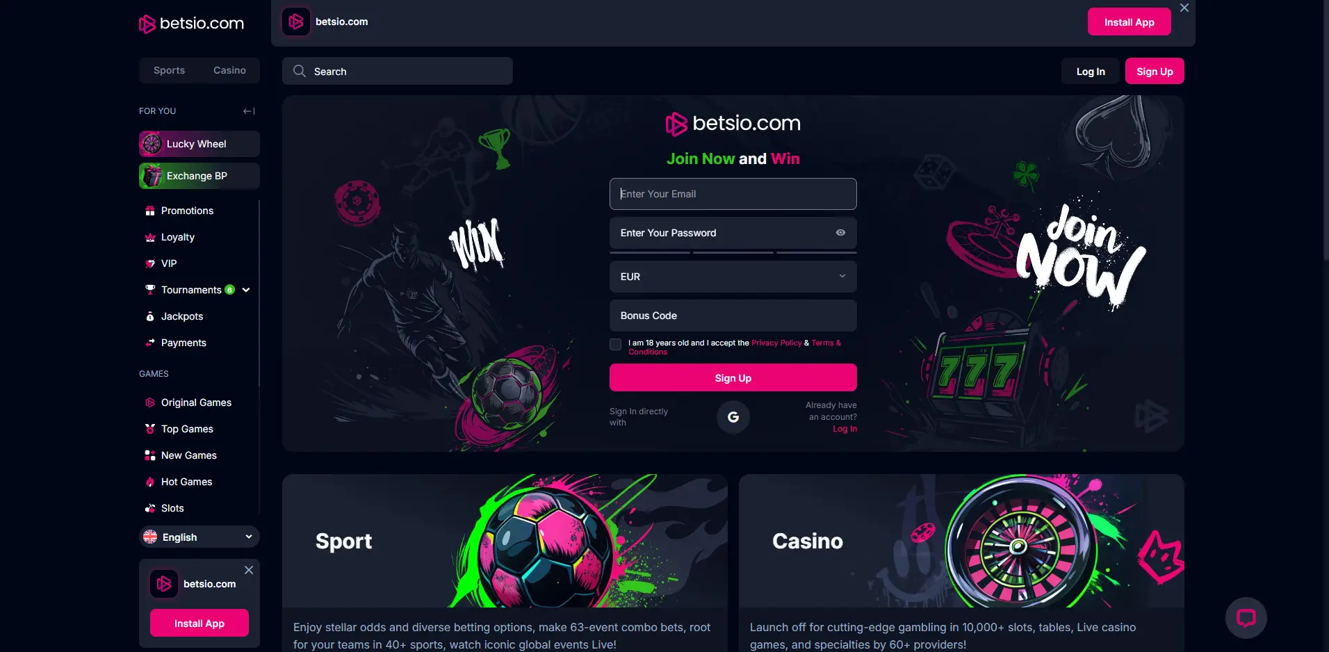 Home page of Betsio Casino