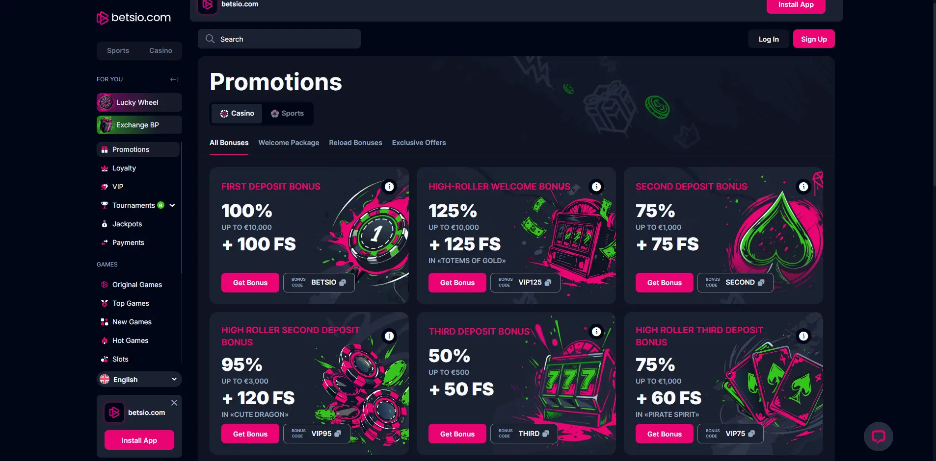Promotion page of betsio Casino
