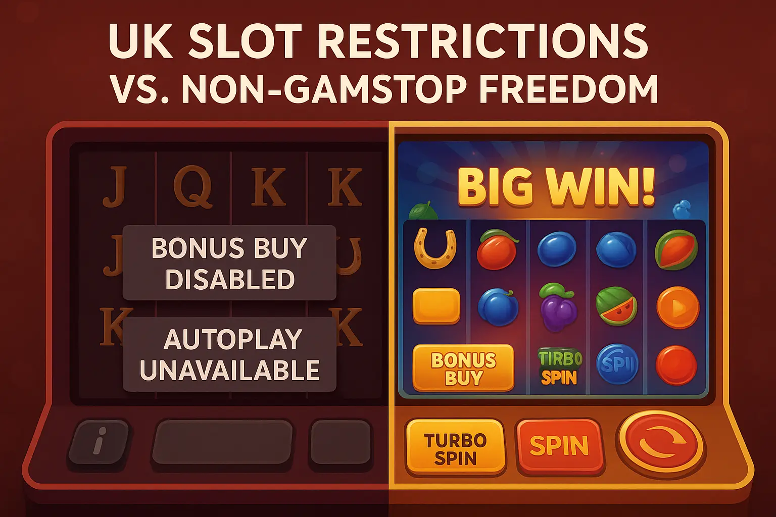 Image showing 2 separate slot screens, one with UKGC regulations and 2nd one with no limits and disabled features