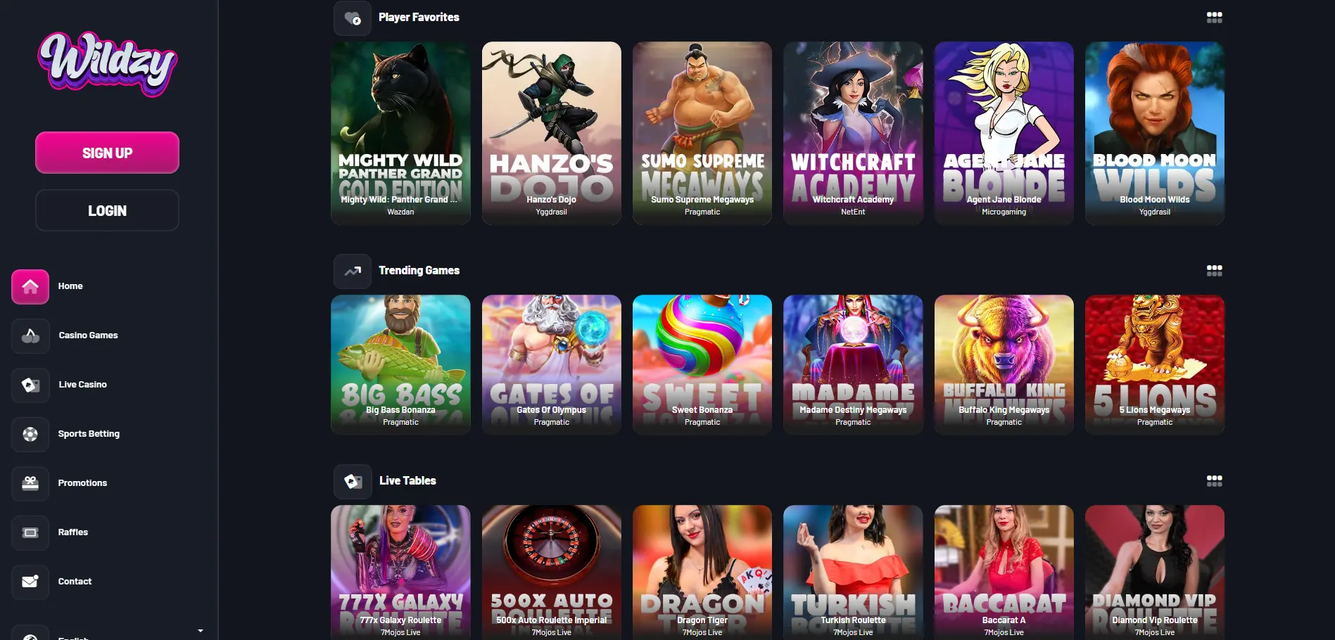 Wildzy Casino Homepage ,showcasing most well known casino games