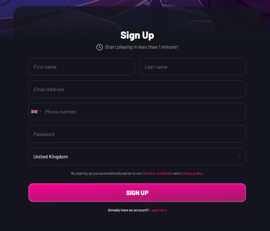 Registration Form of Wildzy Casino