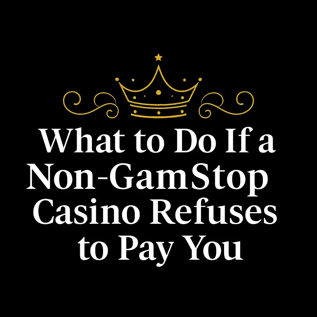Graphic design with a black background featuring a gold crown above centered white text that reads: 'What to Do If a Non-GamStop Casino Refuses to Pay You