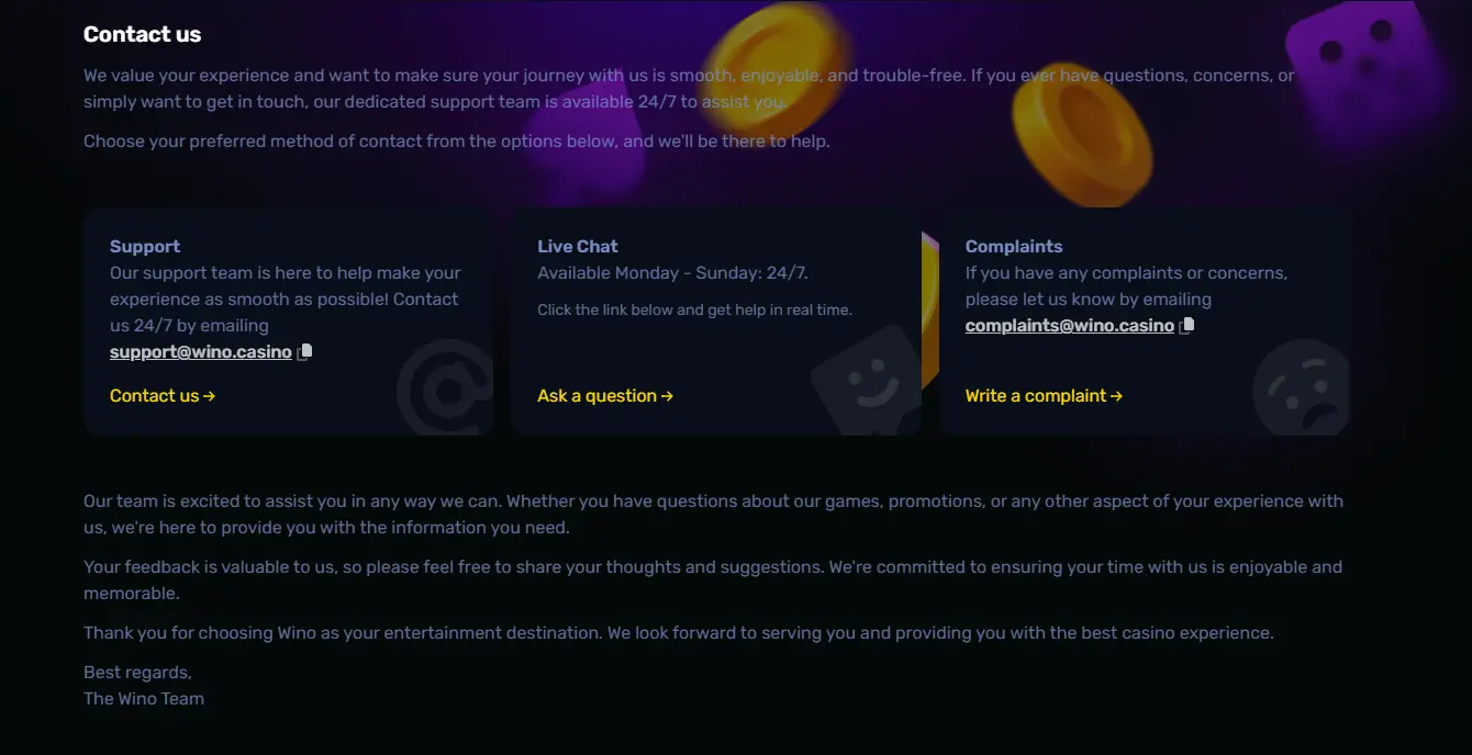 Customer Support page of Wino Casino