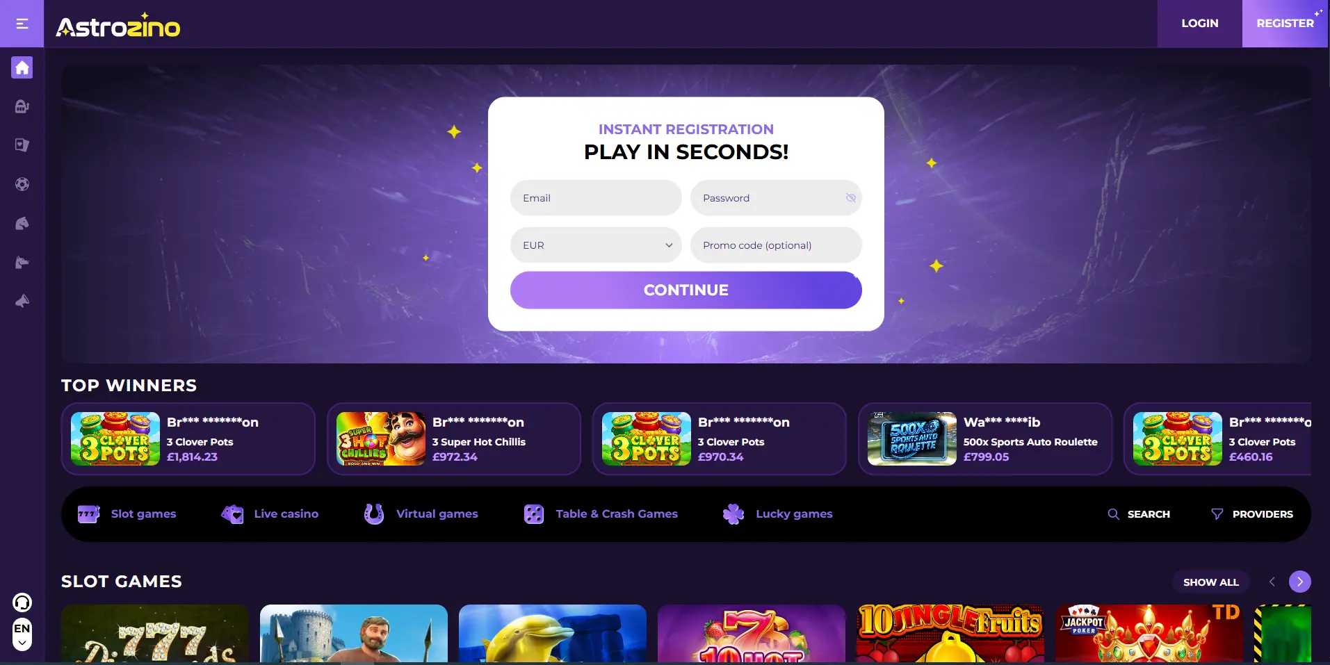 Home page of Astrozino Casino
