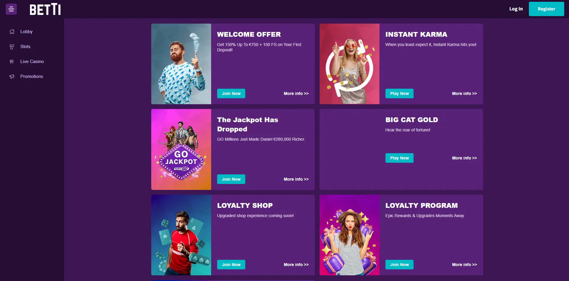 Promotions page of Betti Casino