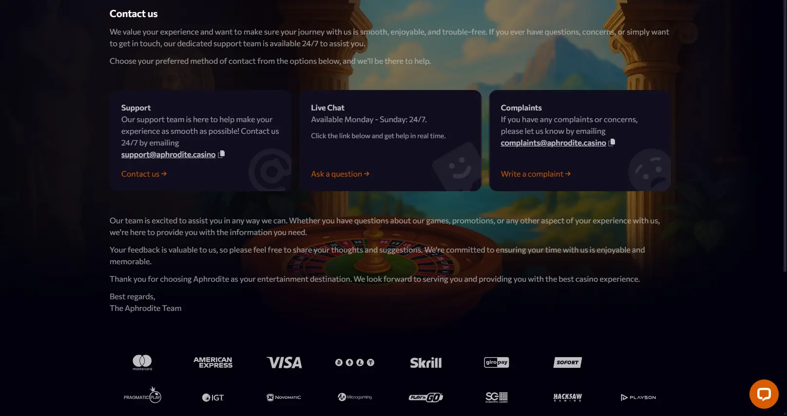 Aphrodite Casino customer support chat and help options for players