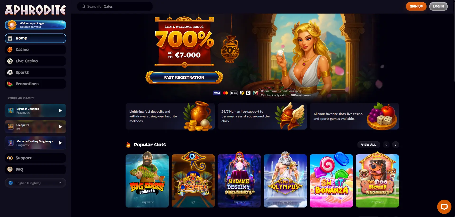 Aphrodite Casino homepage featuring slots, sportsbook, and live dealer options
