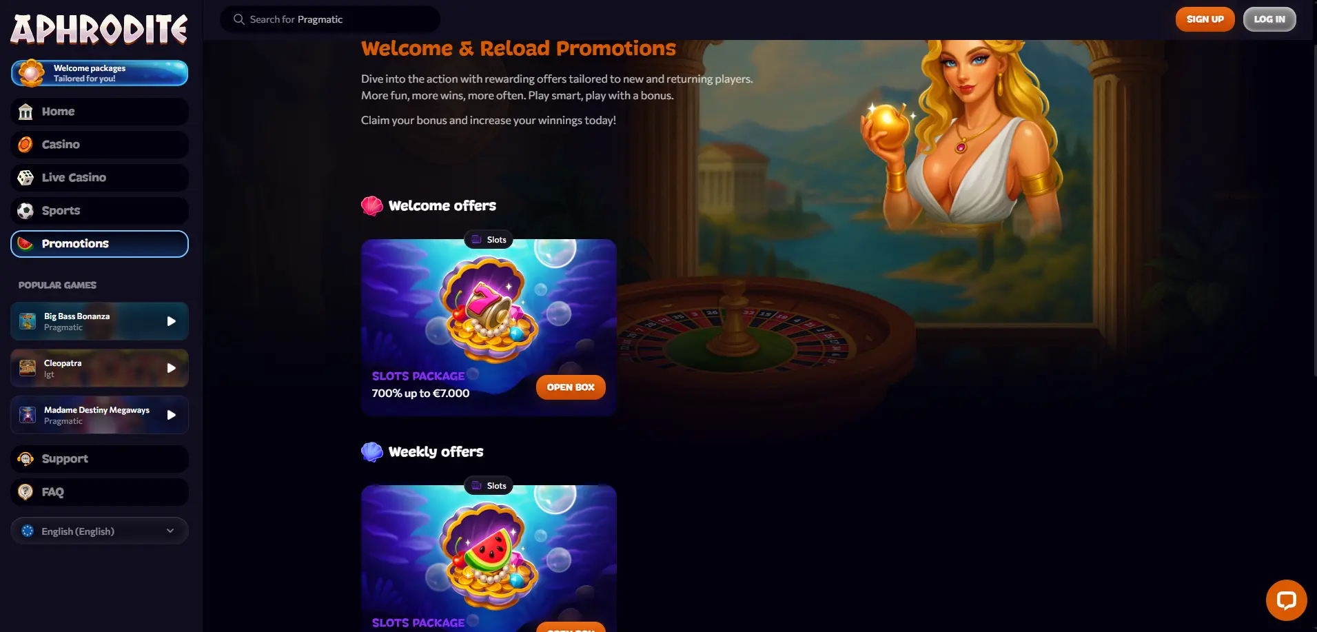 Aphrodite Casino promotions page showing welcome bonus and weekly offers