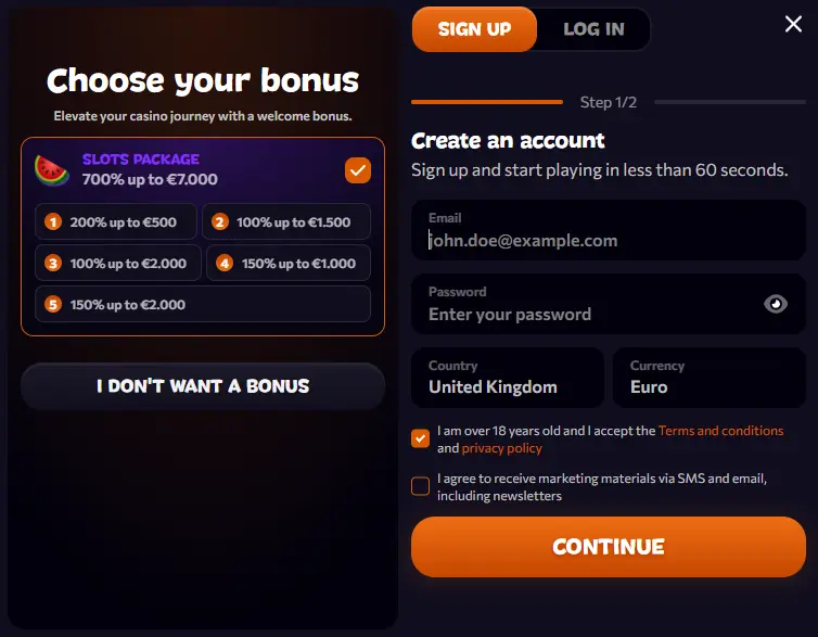Aphrodite Casino registration form for new players at this non GamStop casino