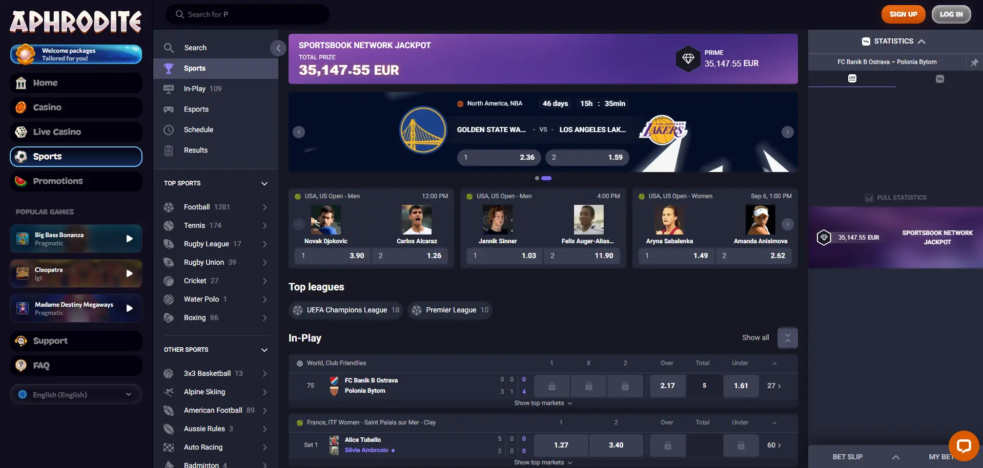 Aphrodite Casino sportsbook section with betting markets and live odds