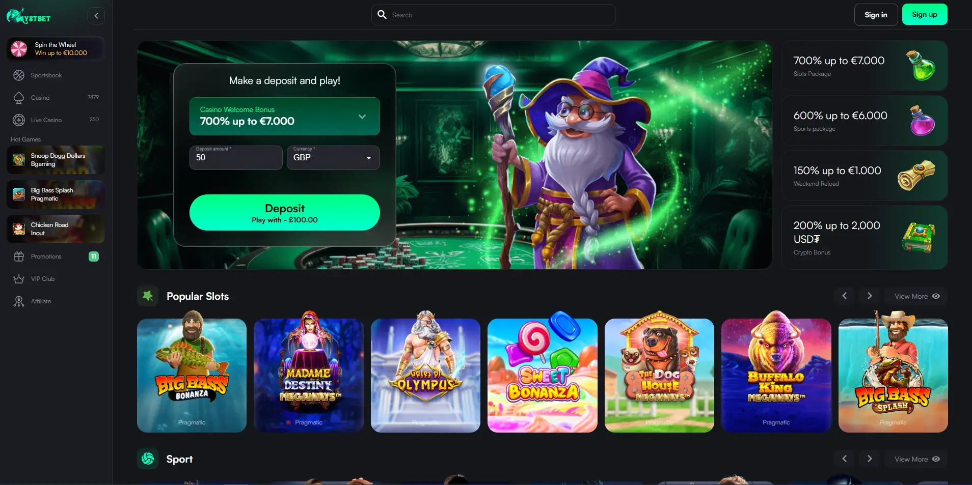Homepage of Mystbet Casino