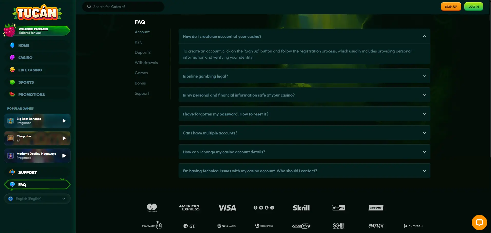 TucanCasino FAQ section with player support information