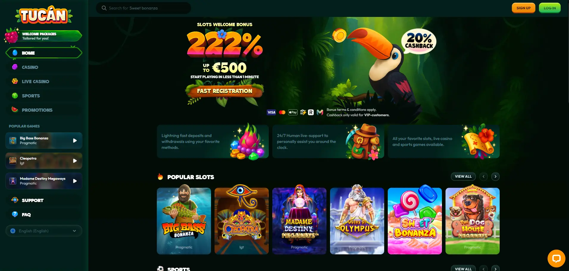 TucanCasino homepage showing welcome bonus and game lobby