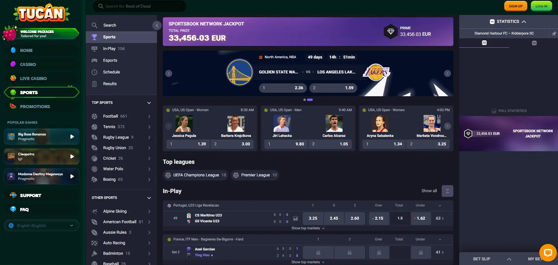 TucanCasino sportsbook page – football and racing bets at a casino not on GamStop