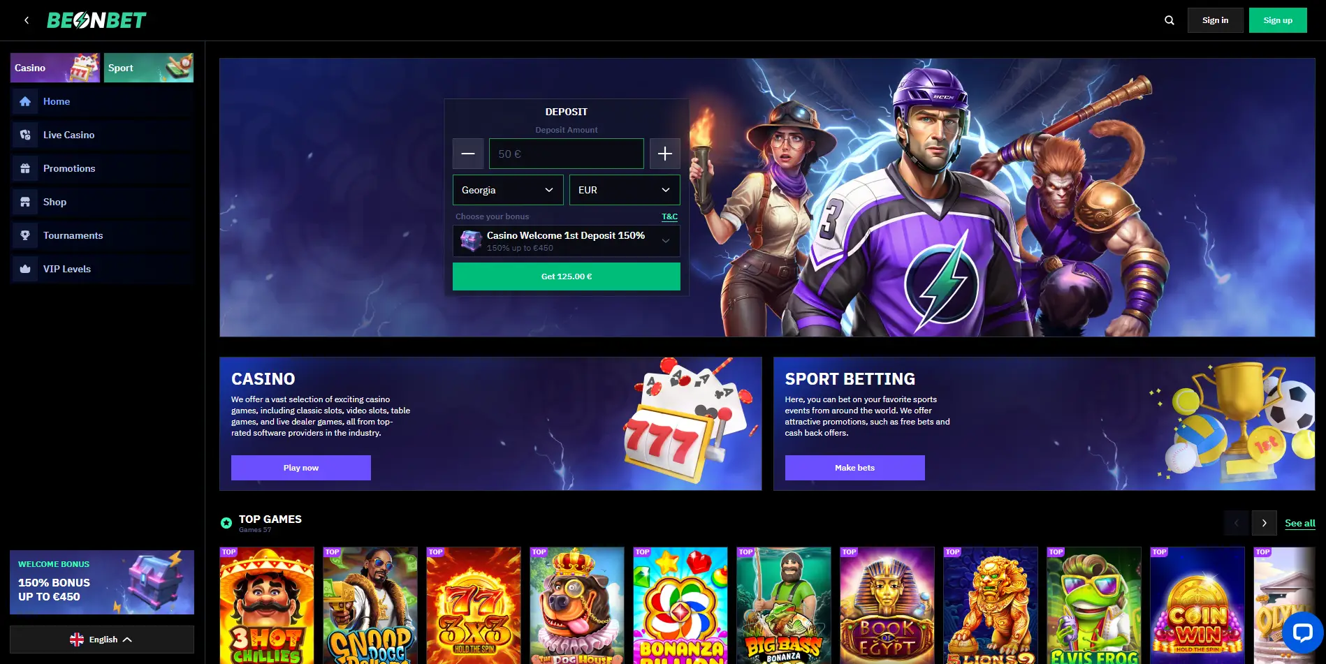 Homepage of Beonbet Casino