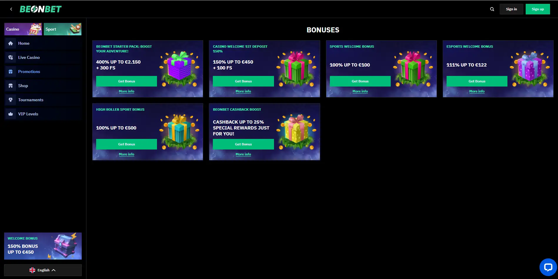 Promotions page of Beonbet Casino