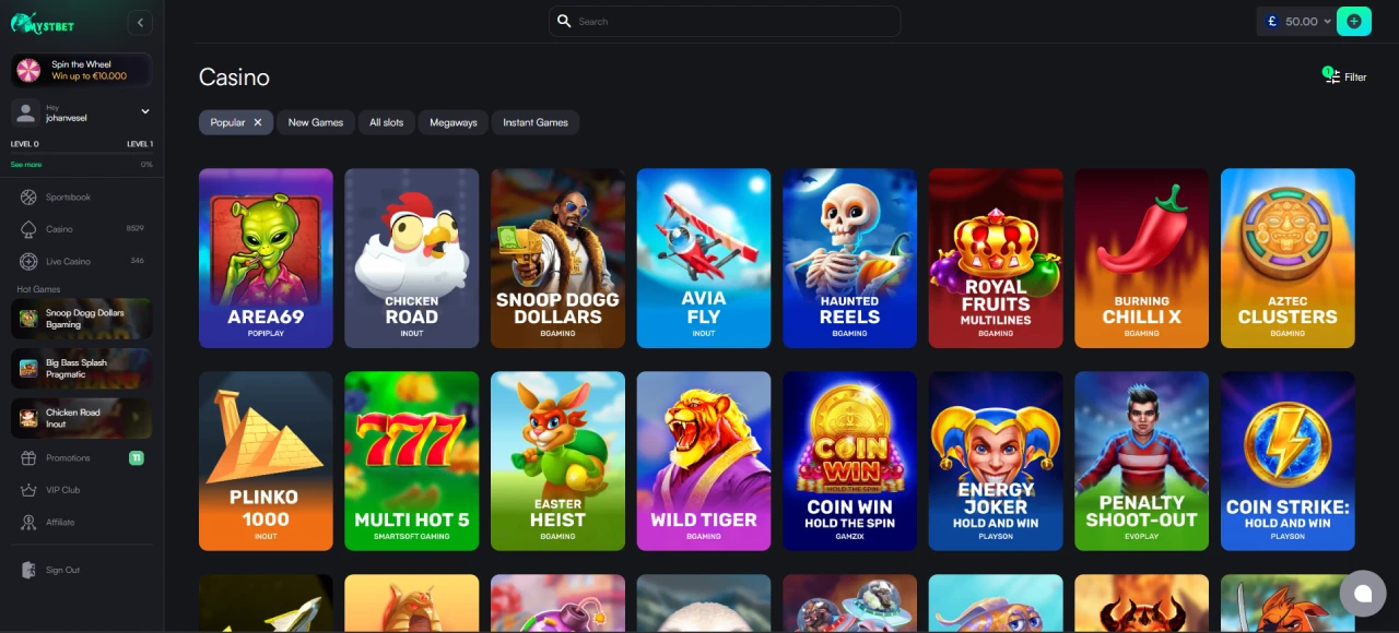 Game selection of Mystbet