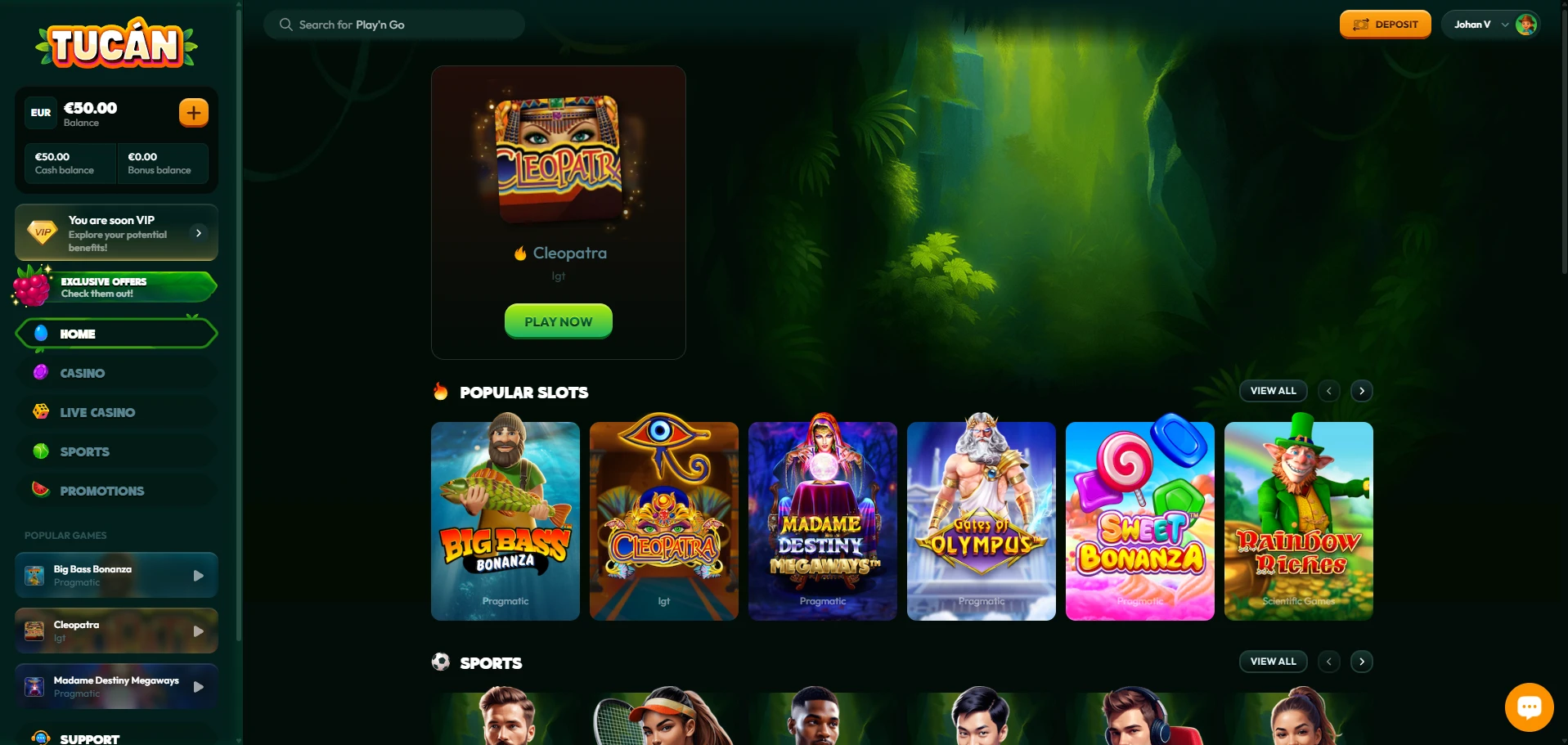 Homepage of Tucan Casino