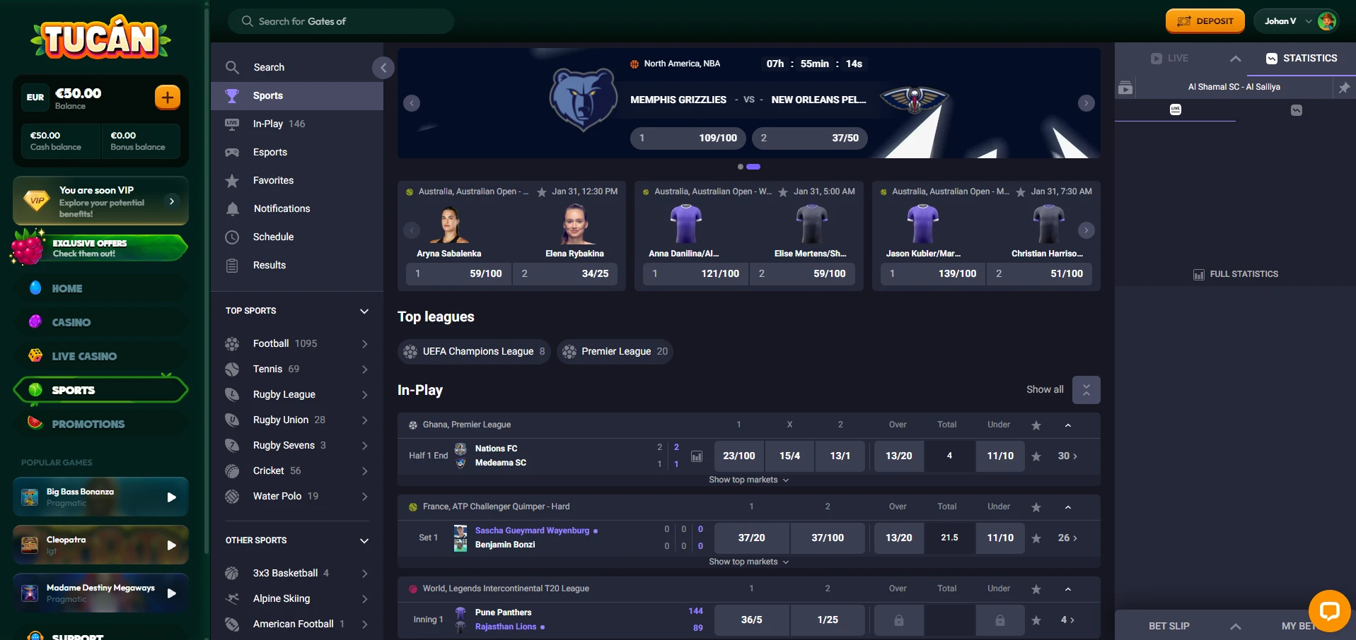 Sports betting of Tucan Casino