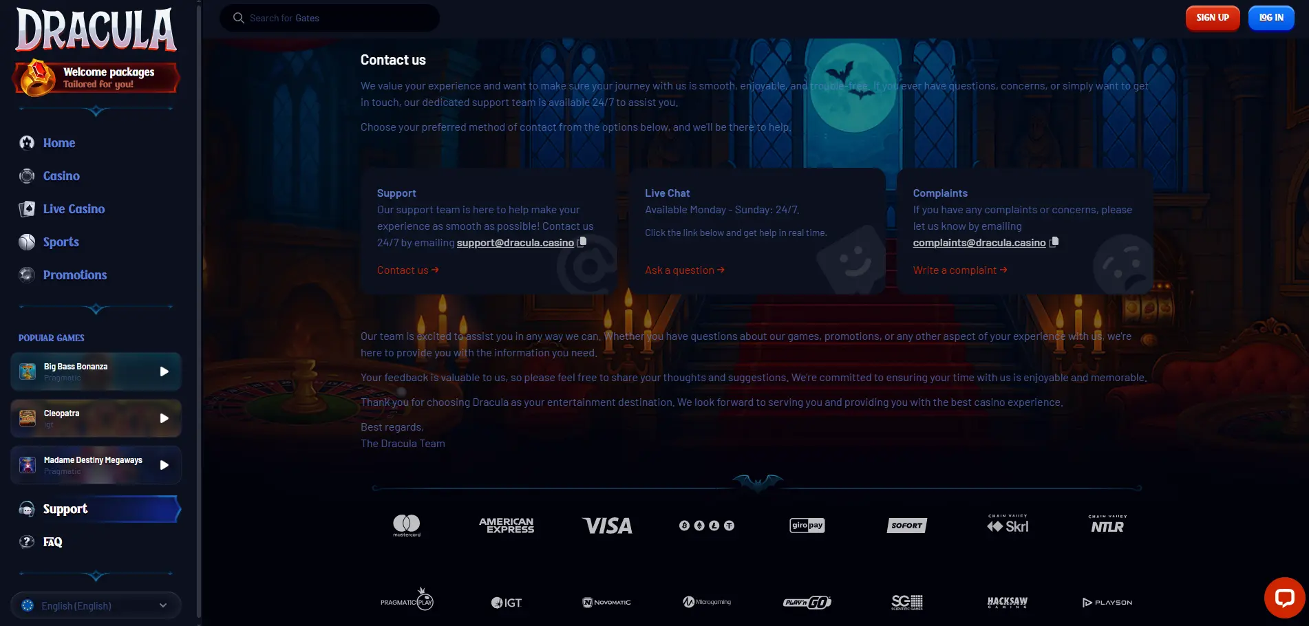 Dracula Casino customer support page with 24/7 live chat, email assistance, and complaints section – non GamStop casino UK