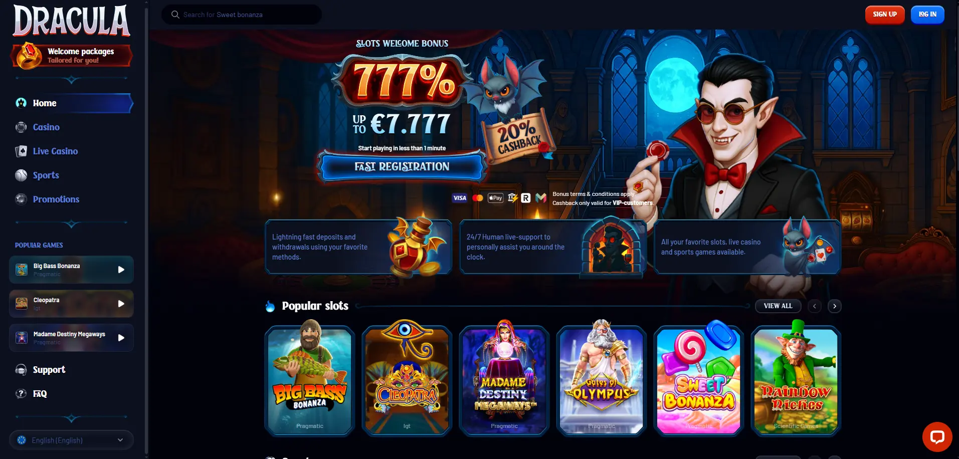 Dracula Casino homepage with 777% welcome bonus, popular slots like Big Bass Bonanza, Cleopatra, Gates of Olympus – casinos not on GamStop UK