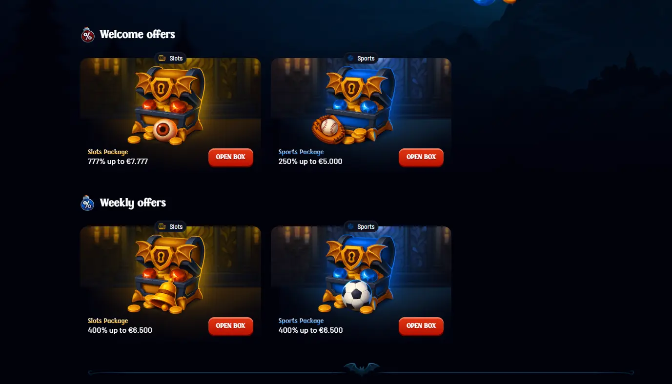 Dracula Casino promotions showing 777% up to €7,777 slots bonus and 250% up to €5,000 sports bonus – non GamStop casino offers 2025