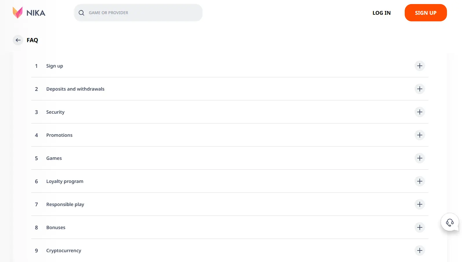 Nika Casino FAQ page explaining bonuses, payments, and KYC among non GamStop casinos