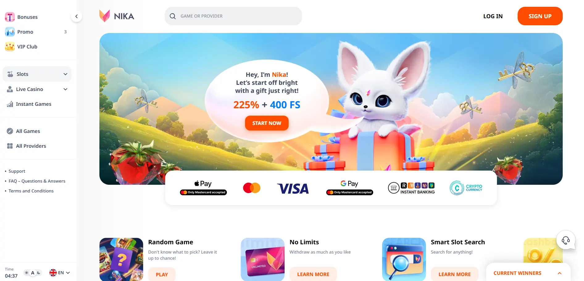 Nika Casino homepage showing lobby, categories, and currency options among non GamStop casinos