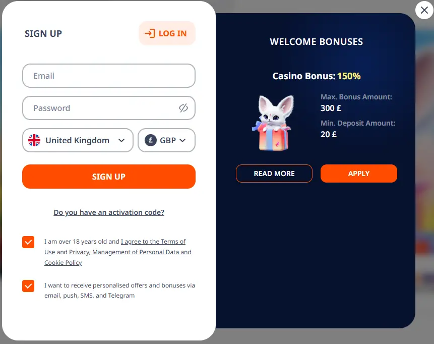Nika Casino sign up form for new players—email, password, currency—typical of non GamStop casinos