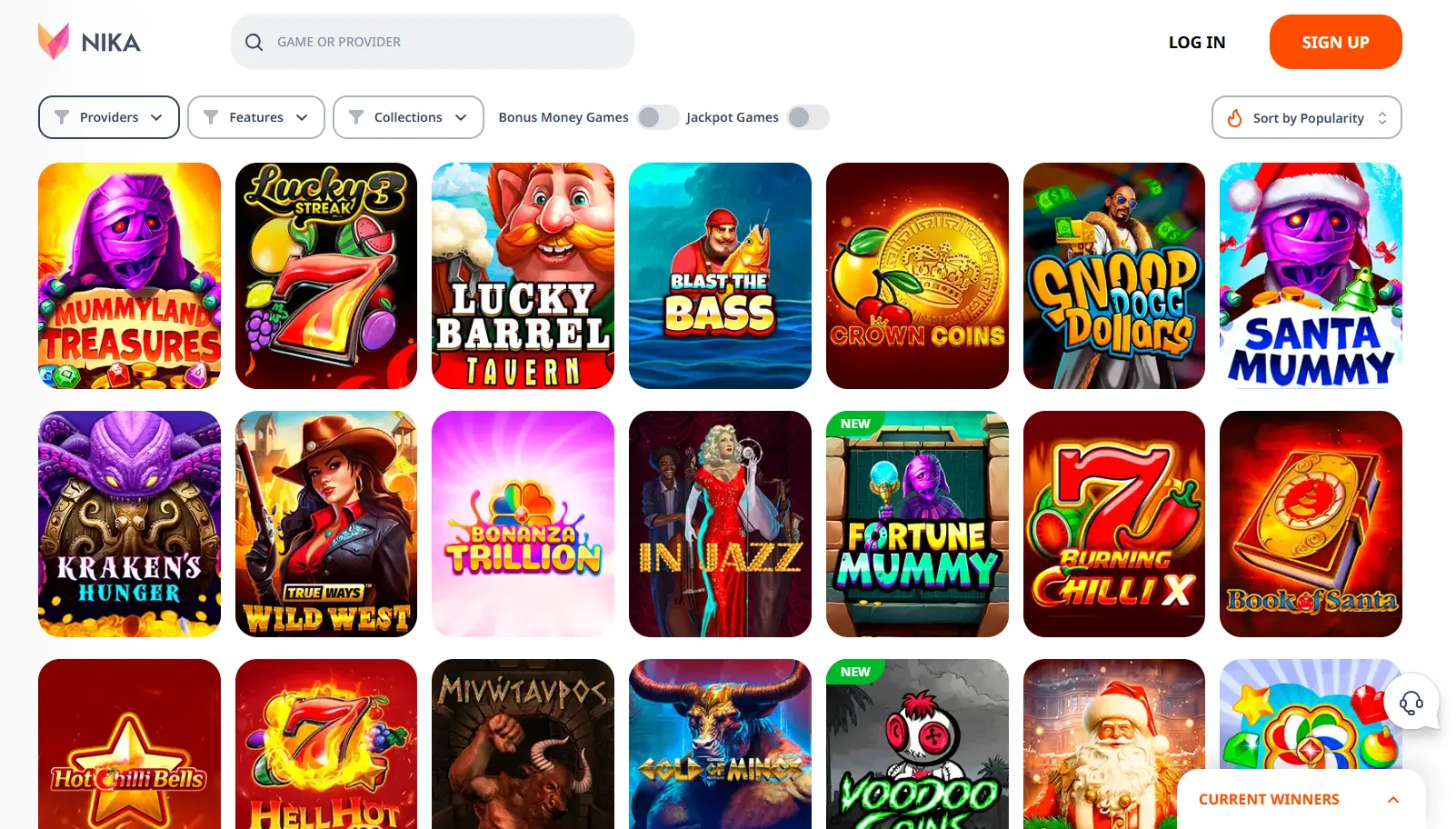 Nika Casino slots lobby displaying popular titles, bonus buys, and jackpots across non GamStop casinos