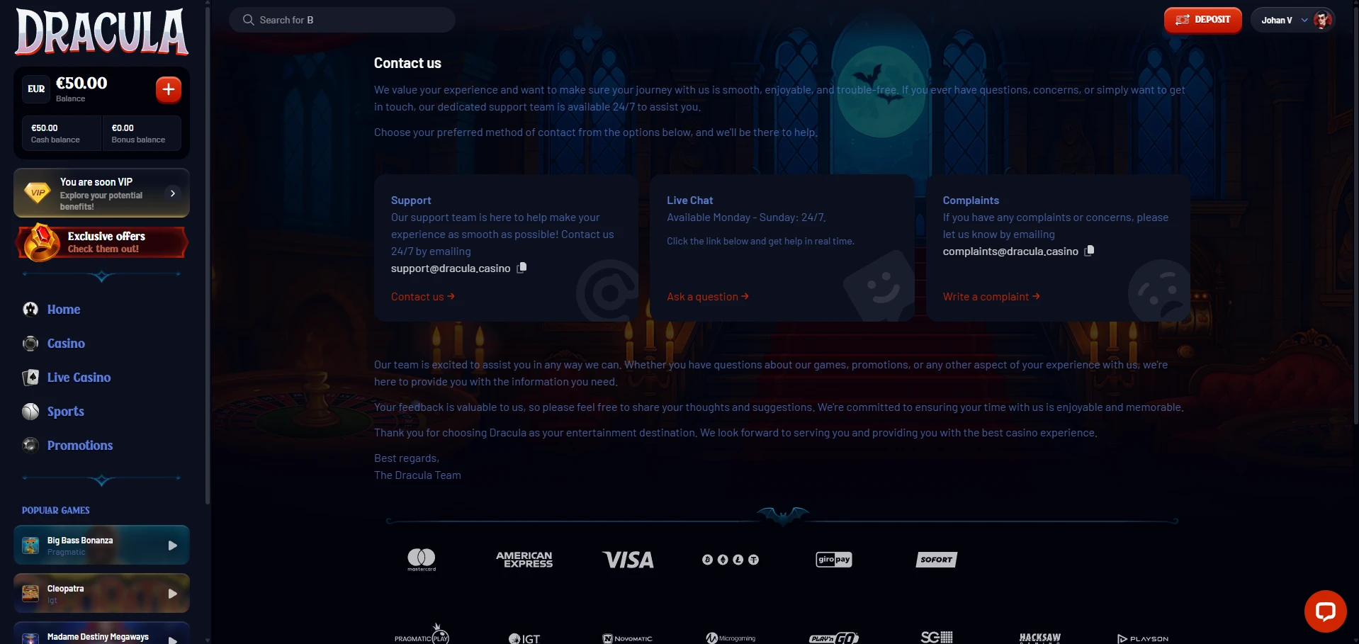 Customer Support of Dracula Casino