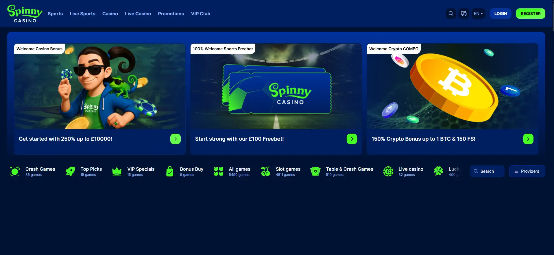 Home page of Spinny Casino