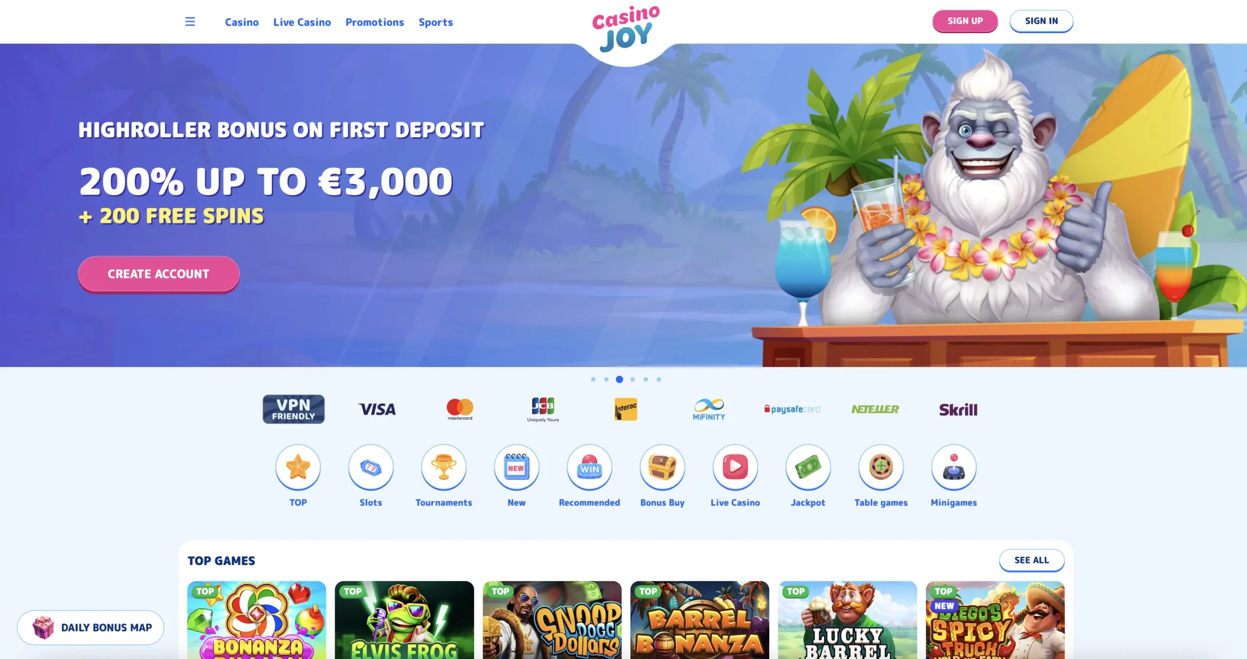 CasinoJoy homepage showing vibrant design, game categories, and welcome bonus banner from a licensed non GamStop casino
