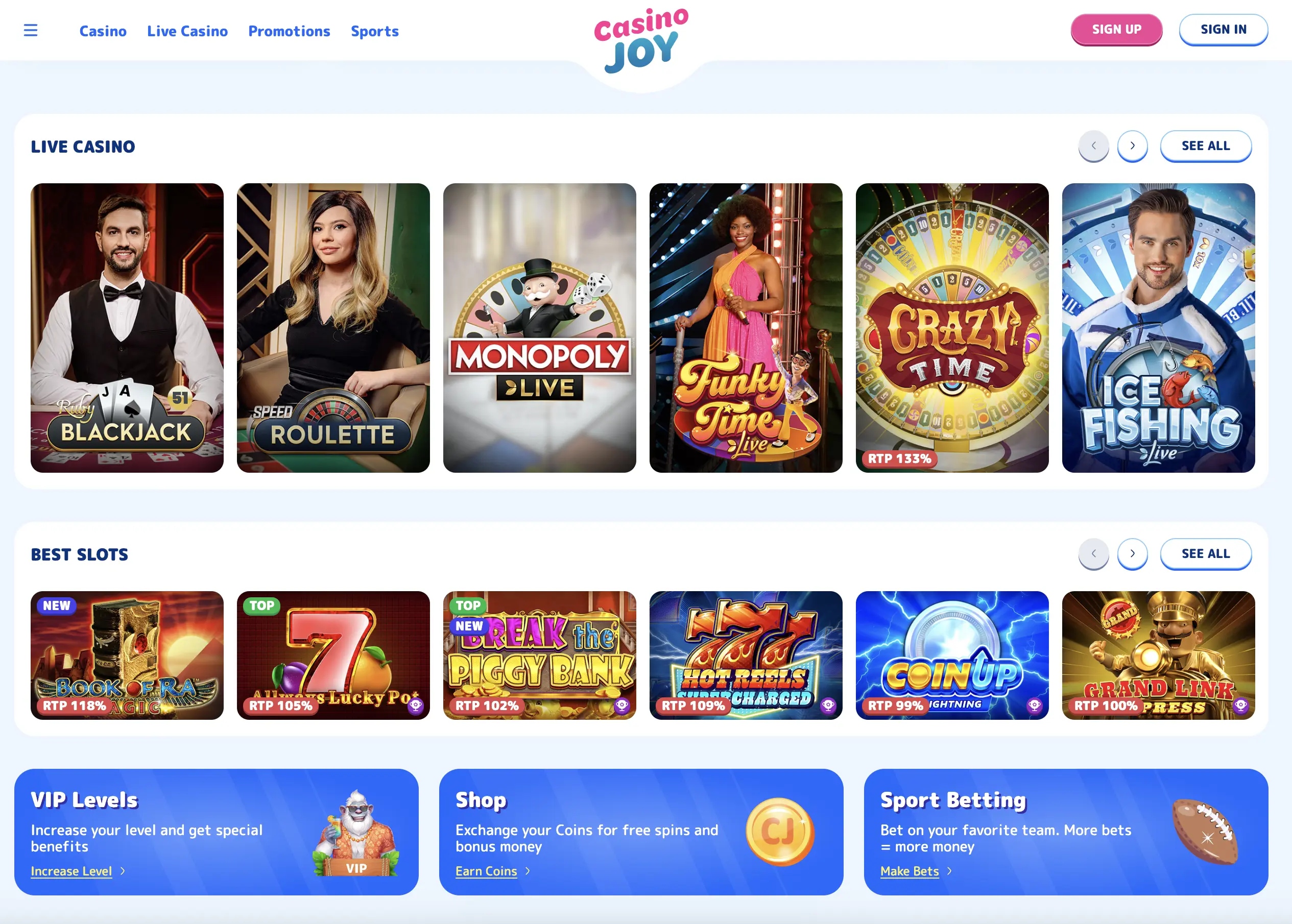 CasinoJoy live casino lobby featuring real dealers, blackjack, roulette, and baccarat tables available to players not on GamStop