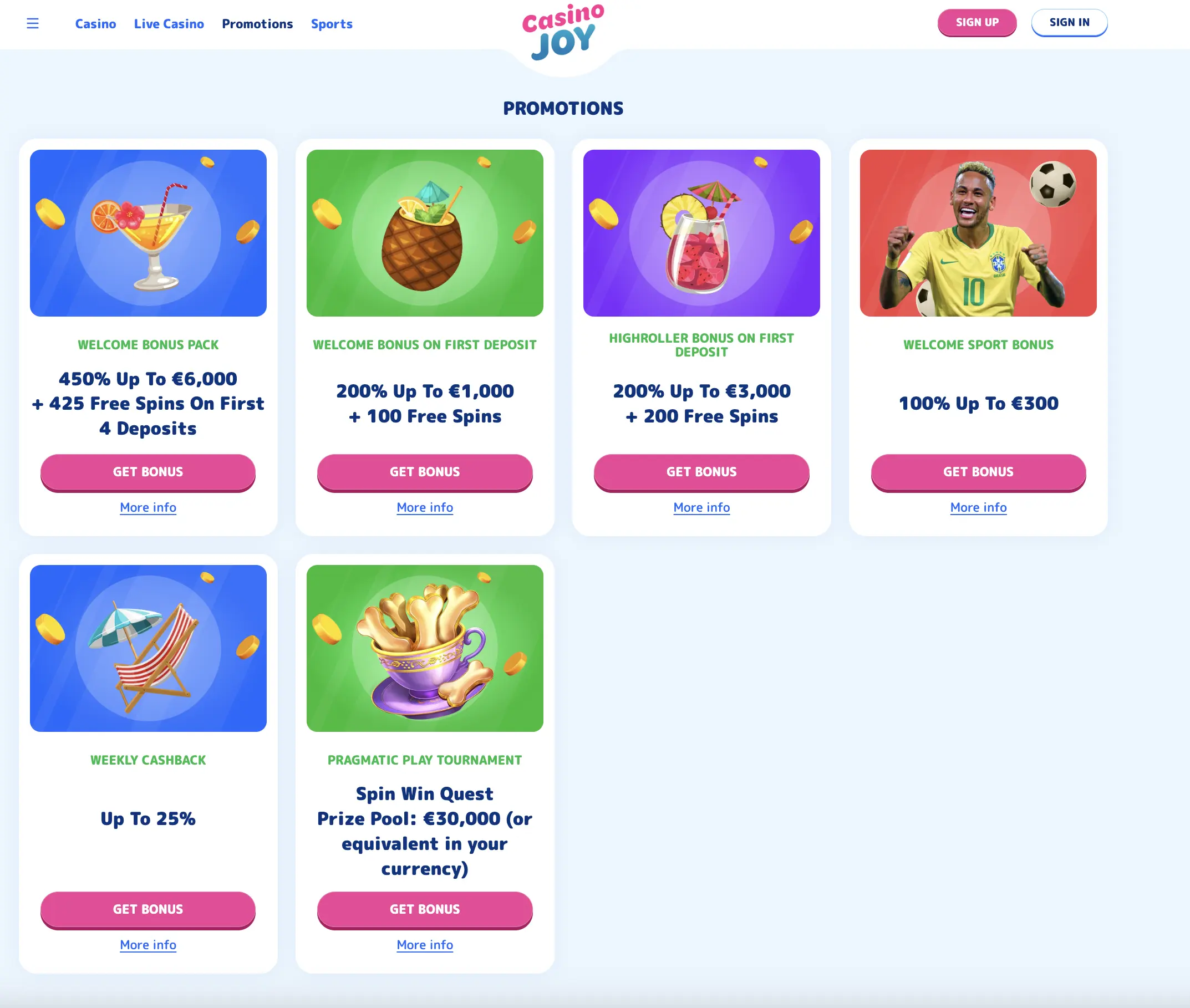CasinoJoy promotions page displaying welcome bonuses, daily offers, cashback rewards, and VIP perks for non GamStop players
