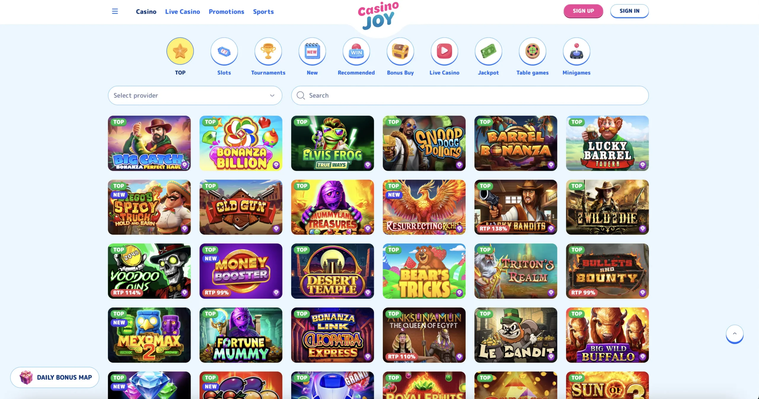 CasinoJoy slots page showcasing popular titles like Sugar Rush, Big Bass Bonanza, and Book of Dead from leading non GamStop casino providers