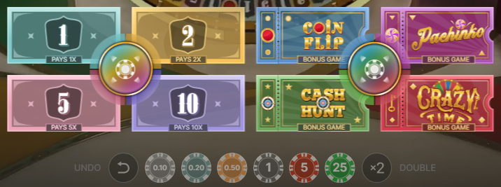 Screenshot taken at Freshbet casino, inside the Crazy Time, showcasing it's bet options.